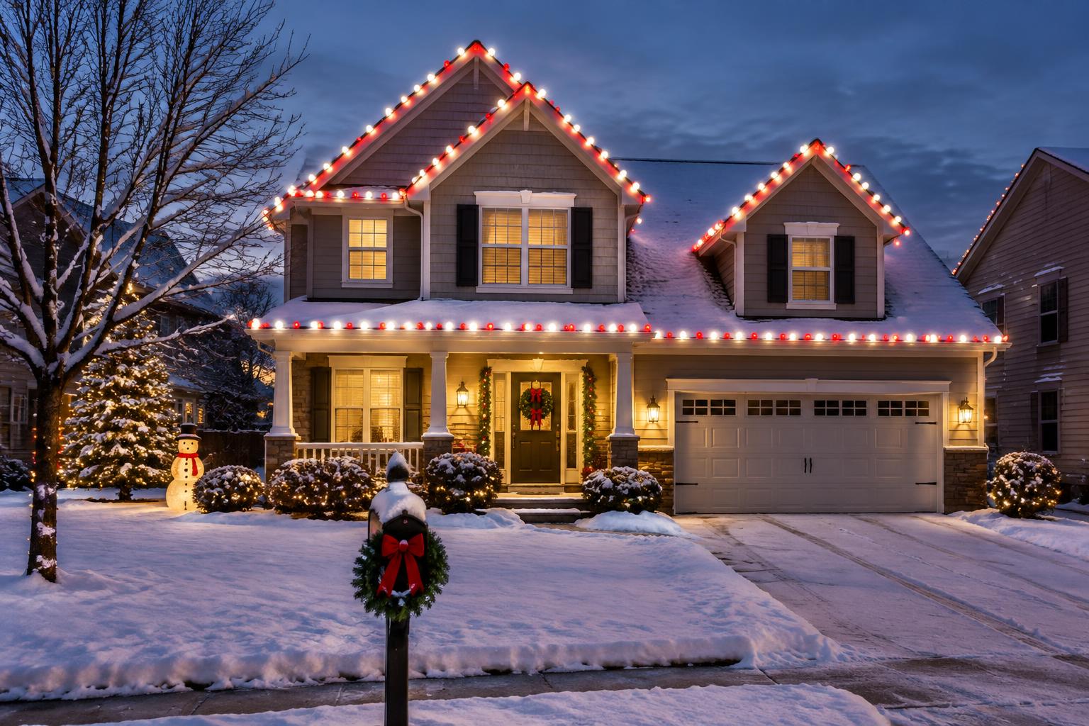 Home with candy cane roofline Christmas lights