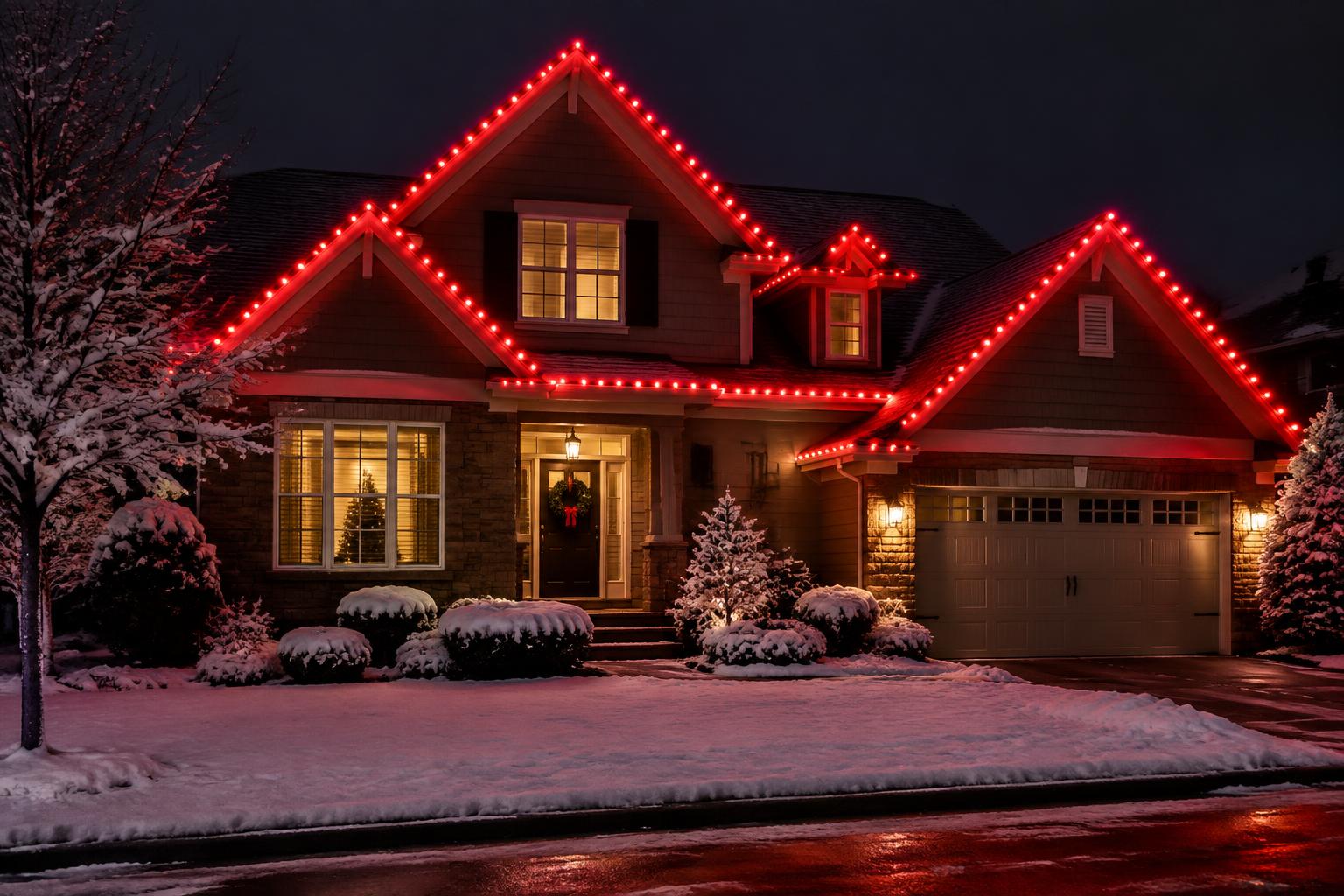 Home with red roofline Christmas lights