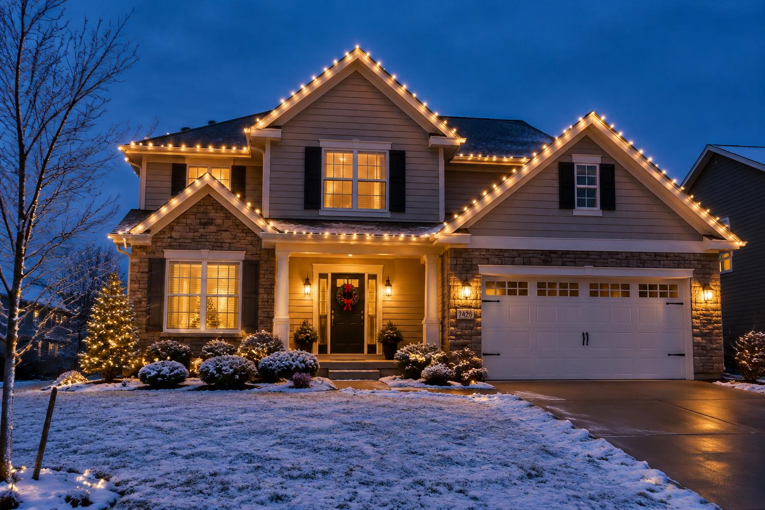 Home with warm white roofline Christmas lights